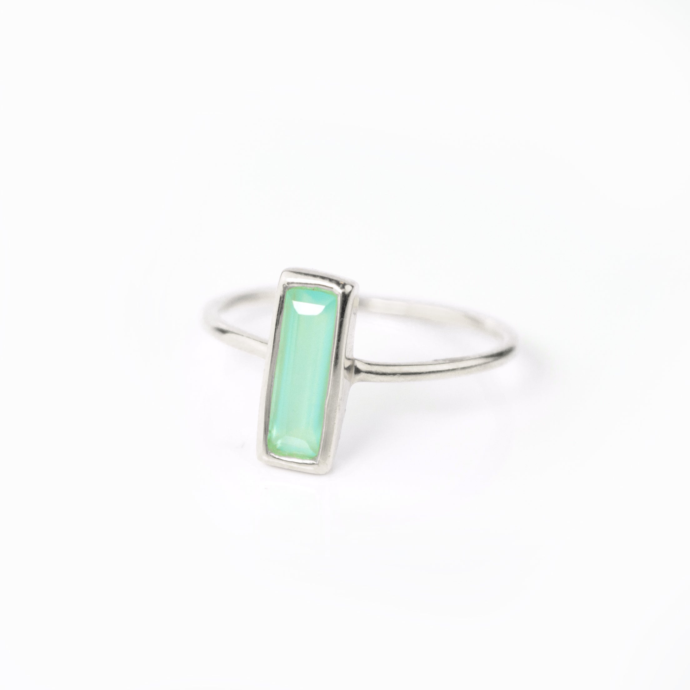 Tiny Aqua Chalcedony Bar Ring, March Birthstone Ring