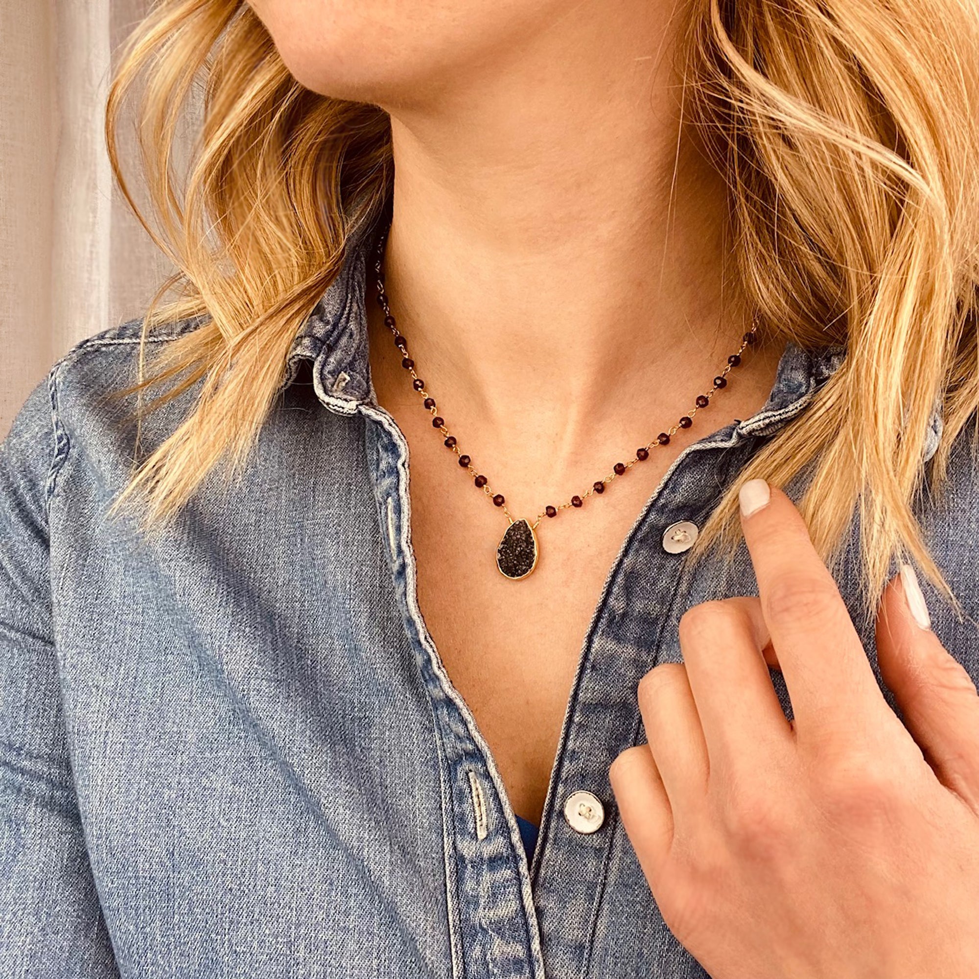 Black Druzy pendant on Garnet wire wrapped necklace