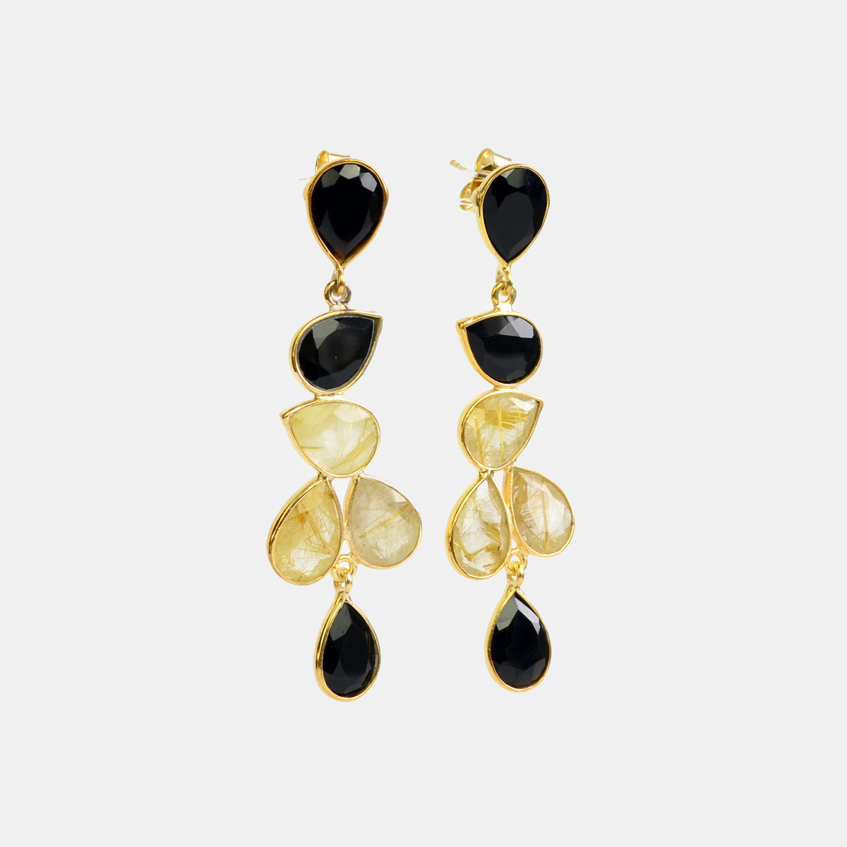 Elegant Black and Gold Rutilated Statement Earrings