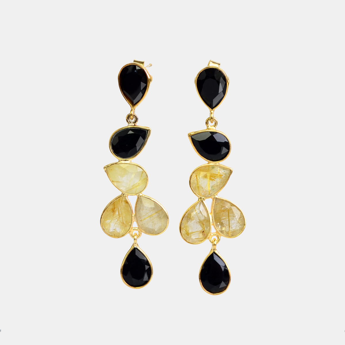 Elegant Black and Gold Rutilated Statement Earrings