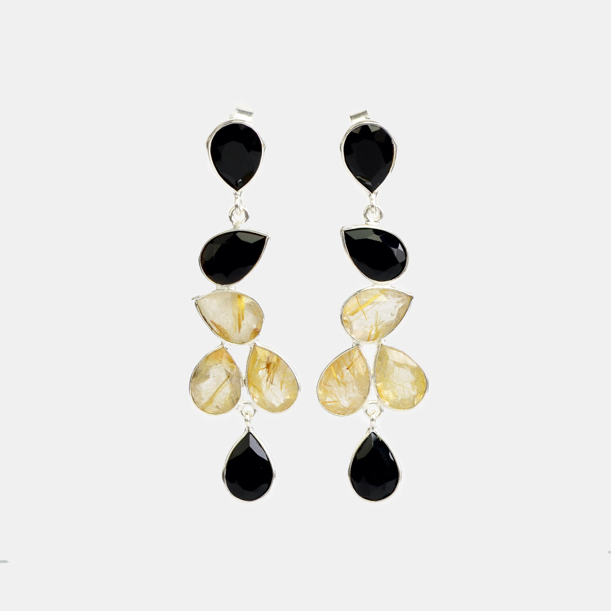 Elegant Black and Gold Rutilated Statement Earrings