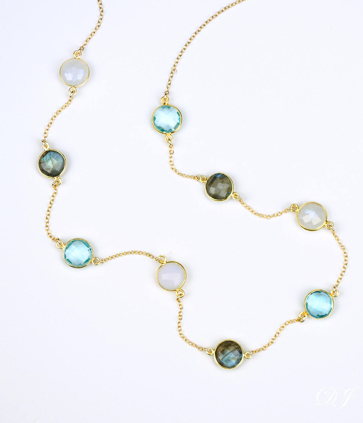 Long Labradorite, Moonstone, Blue Topaz bezel station necklace