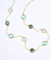 Long Labradorite, Moonstone, Blue Topaz bezel station necklace