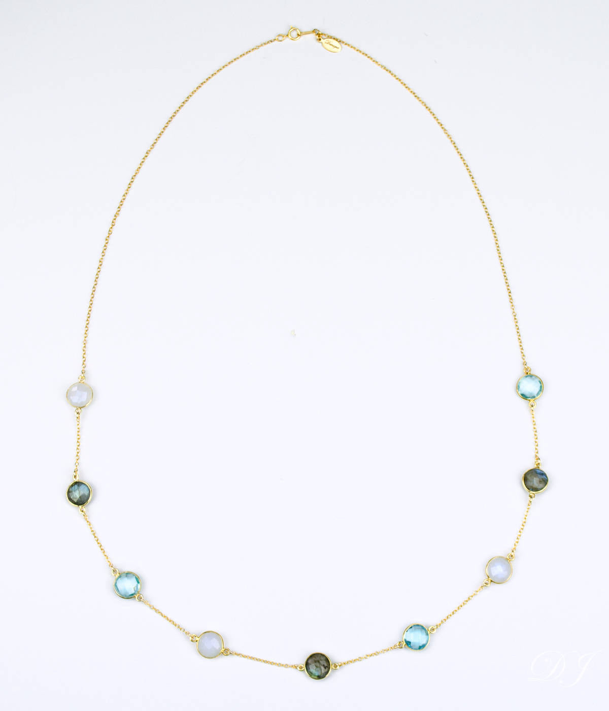 Long Labradorite, Moonstone, Blue Topaz bezel station necklace