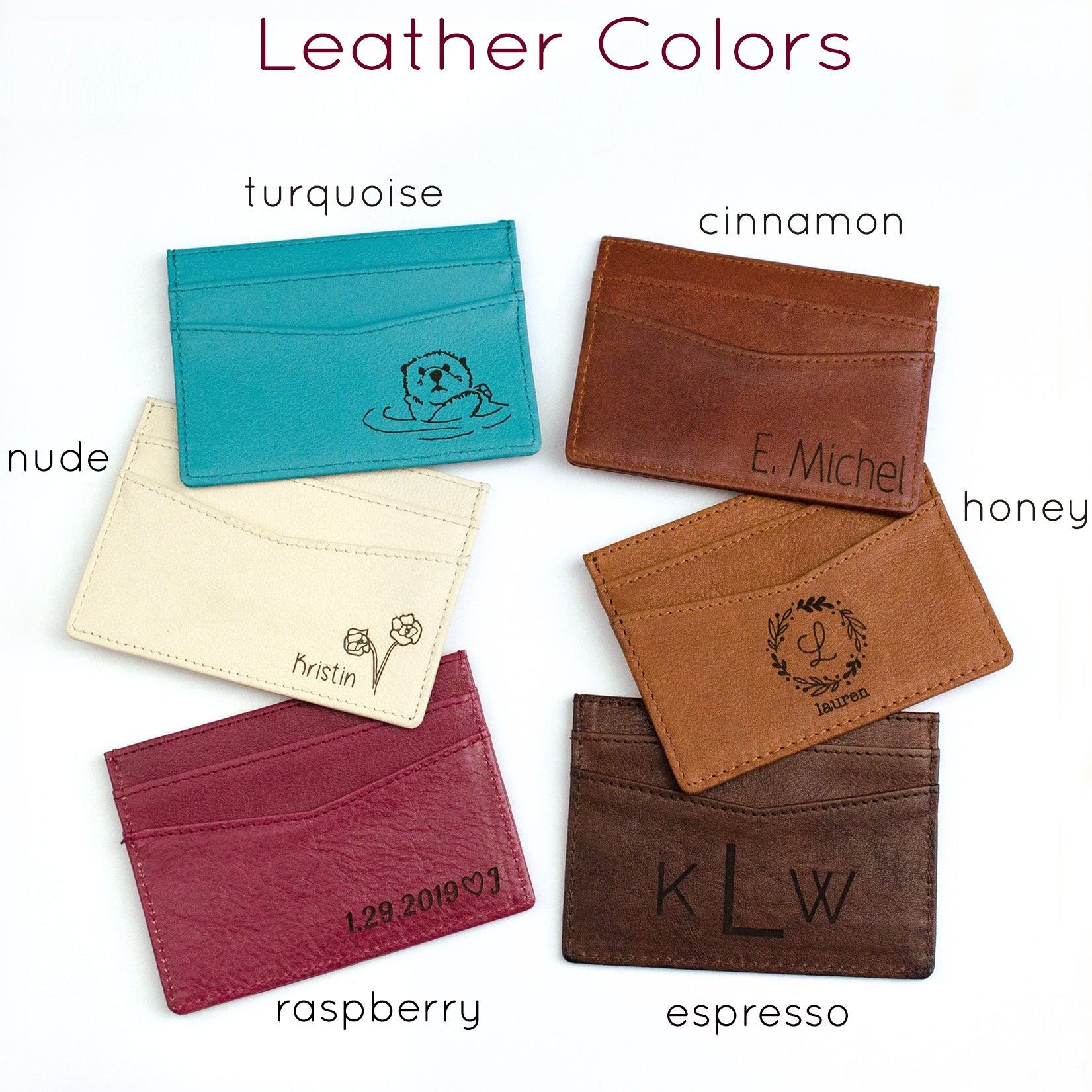 assorted cardholder card holder colors come in turquoise, cinnamon, nude, honey, raspberry and espresso