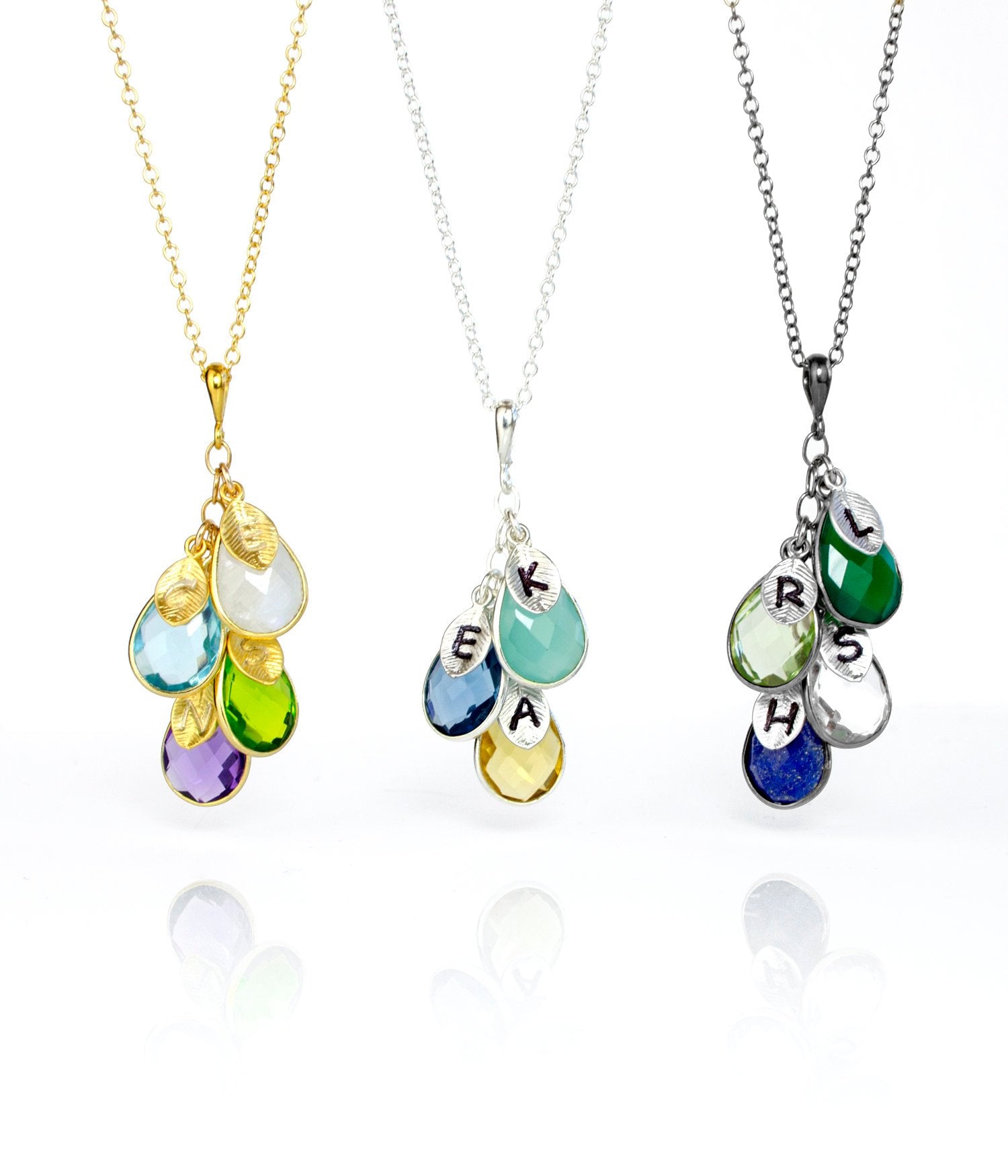 Gold Silver Oxidized Silver Cascade Birthstone Necklaces Leaf Shape Initial Charms Family Tree Necklaces