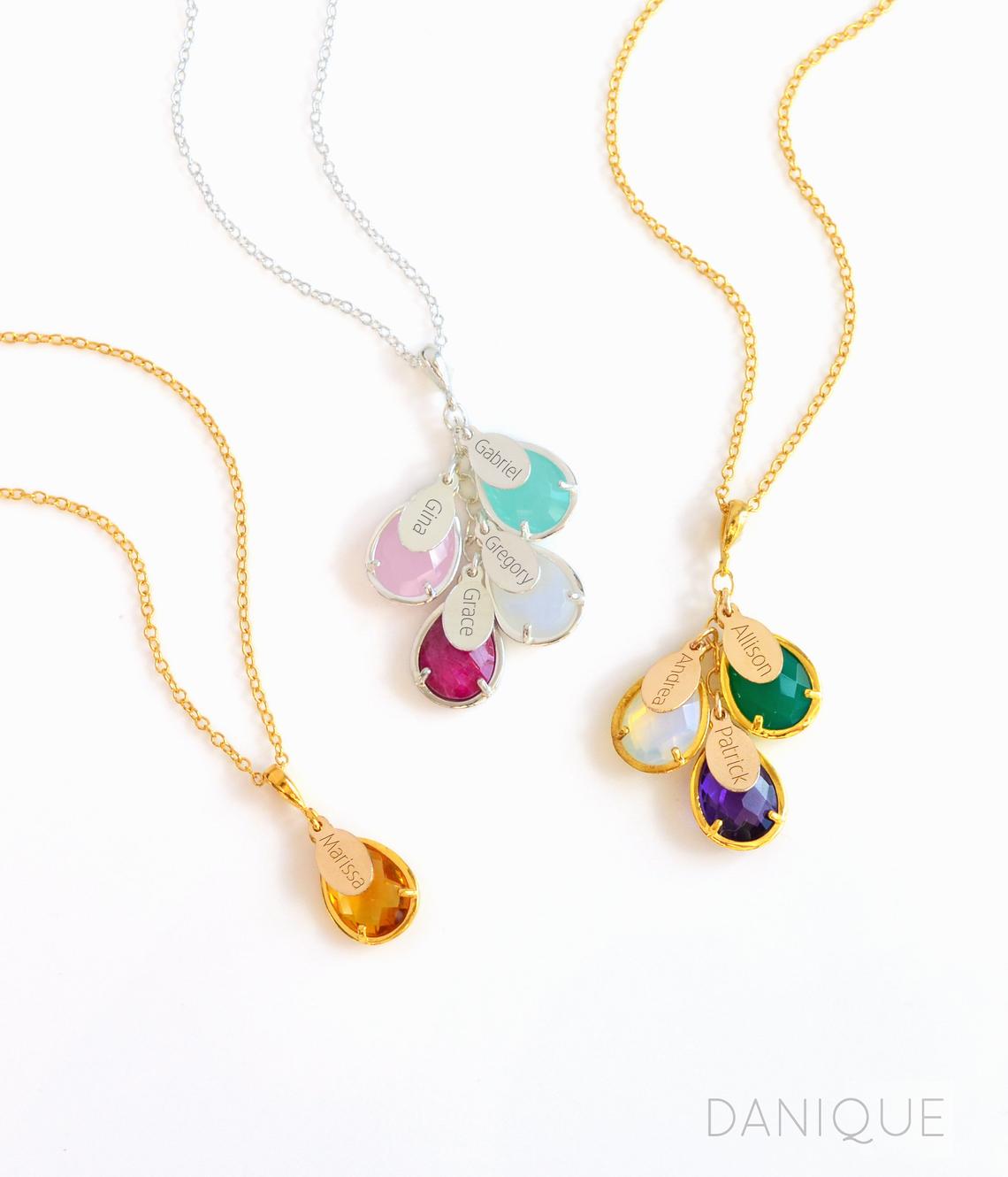 Three customized cascade necklaces with one three or four birthstones in sterling silver and vermeil gold