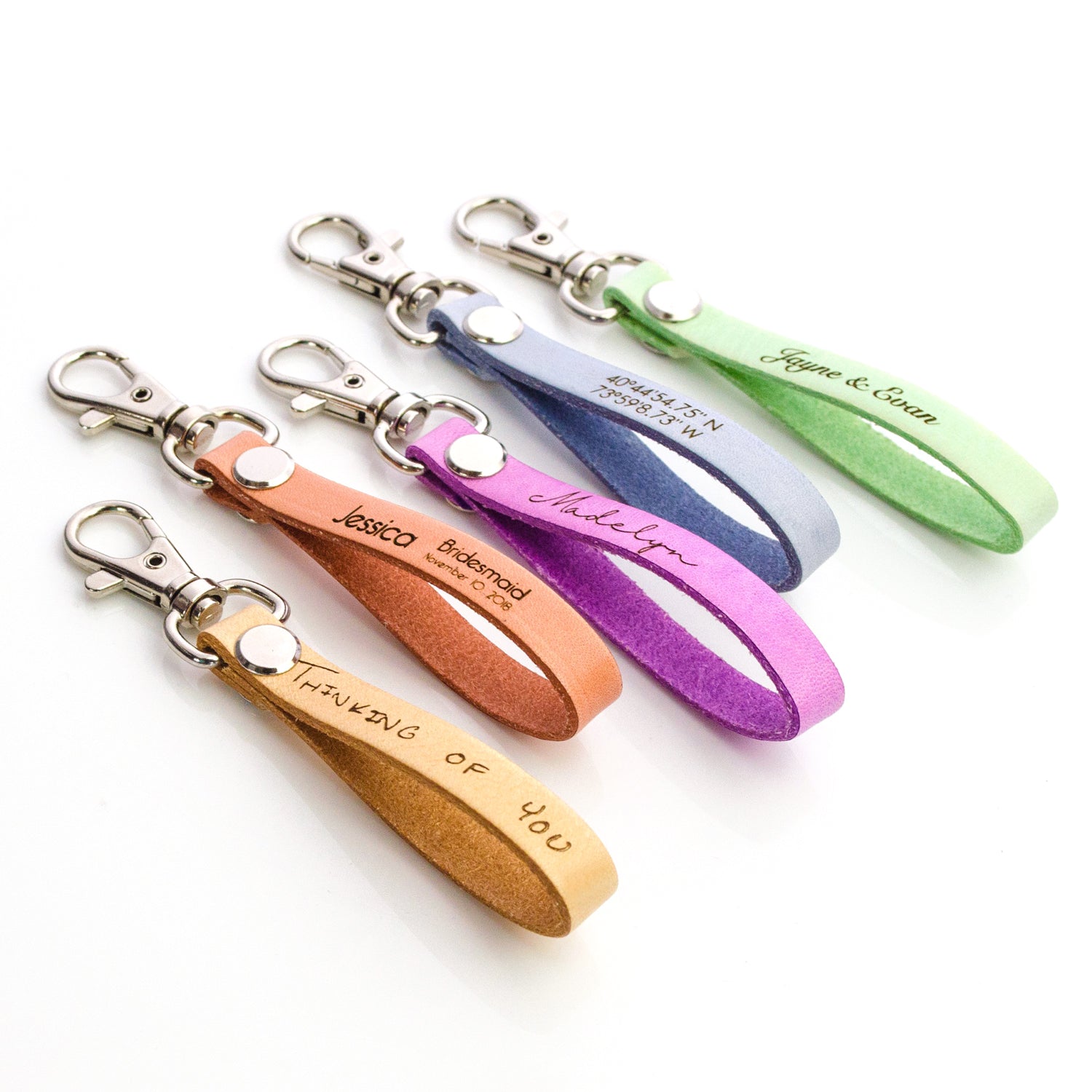 leather loop keychains with custom personalized engraving. For bridesmaids, groomsman, graduate, or any celebration