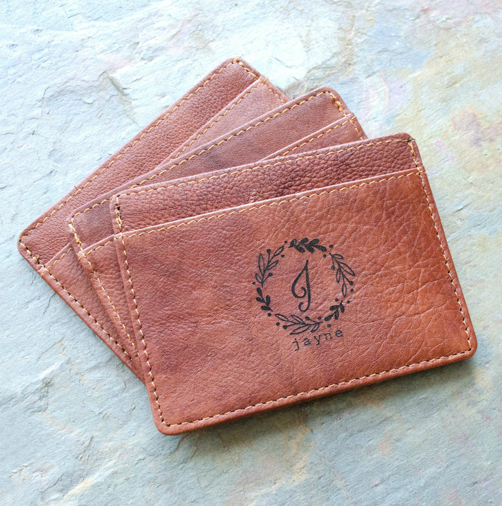 brown custom leather card holder with vine monoram and first name