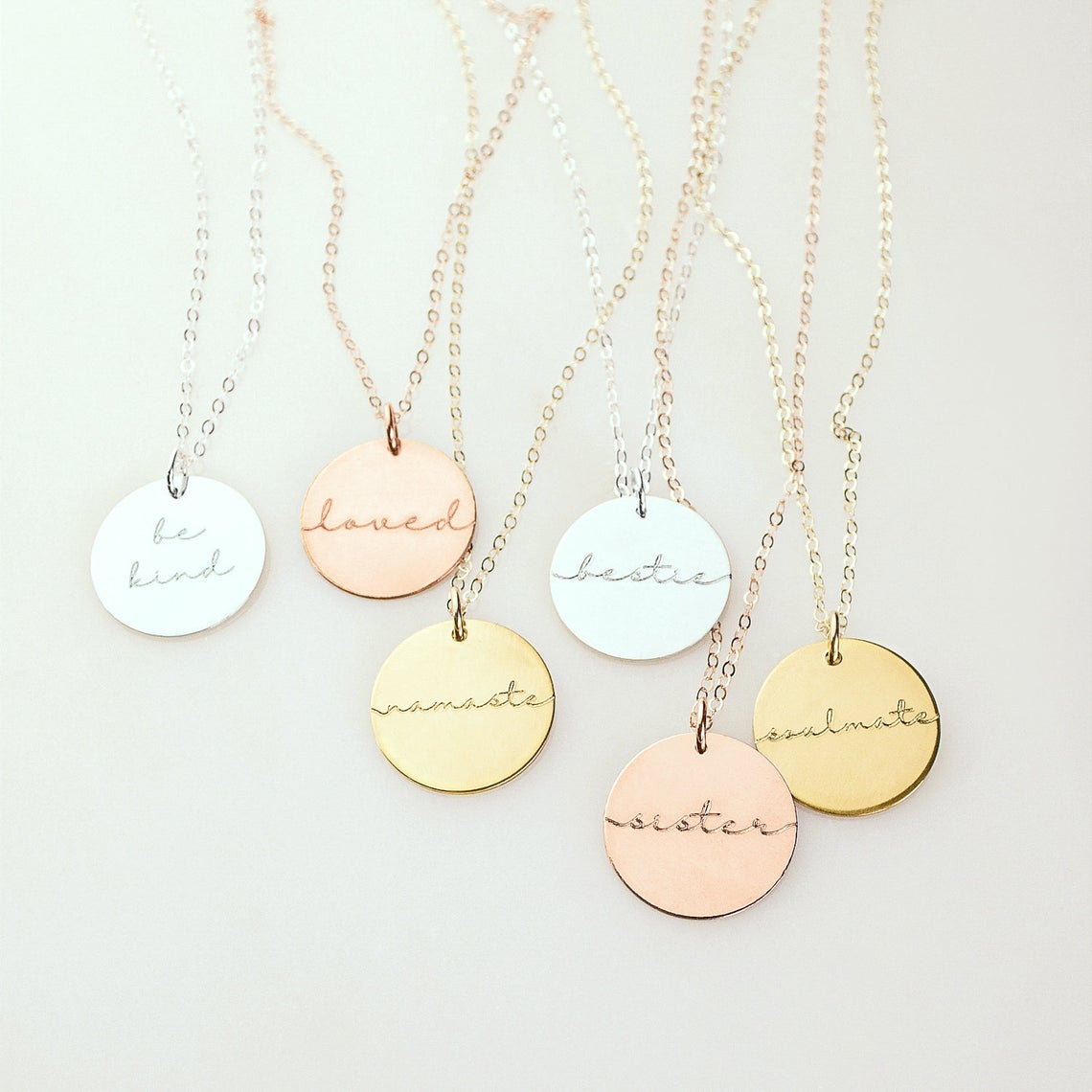 Personalized Disc Pendant Necklace, Yellow Gold Rose Gold Sterling Silver Necklaces Inspirational Message Engraving