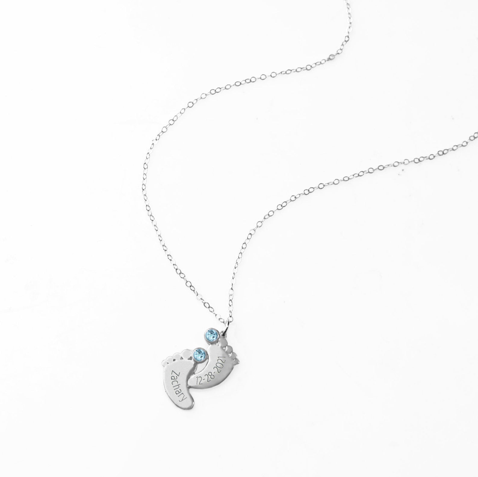 Double Footprint Pendant Necklace with Engraved Kid's Names and Birthstones