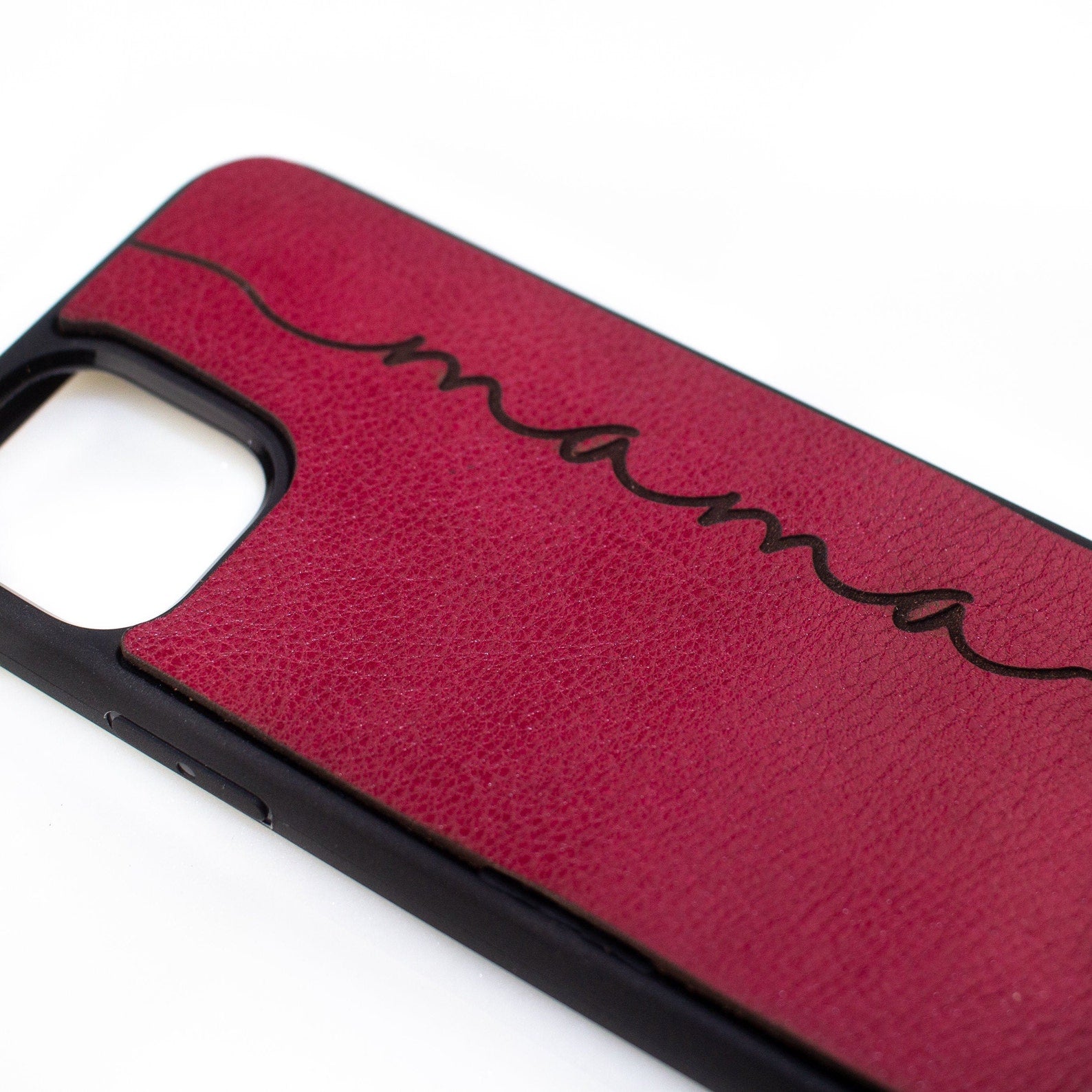 Raspberry leather phone cause with mama script design. Perfect for anyone's daily use, birthday gift, anniversary, holiday, mother's day, father's day.