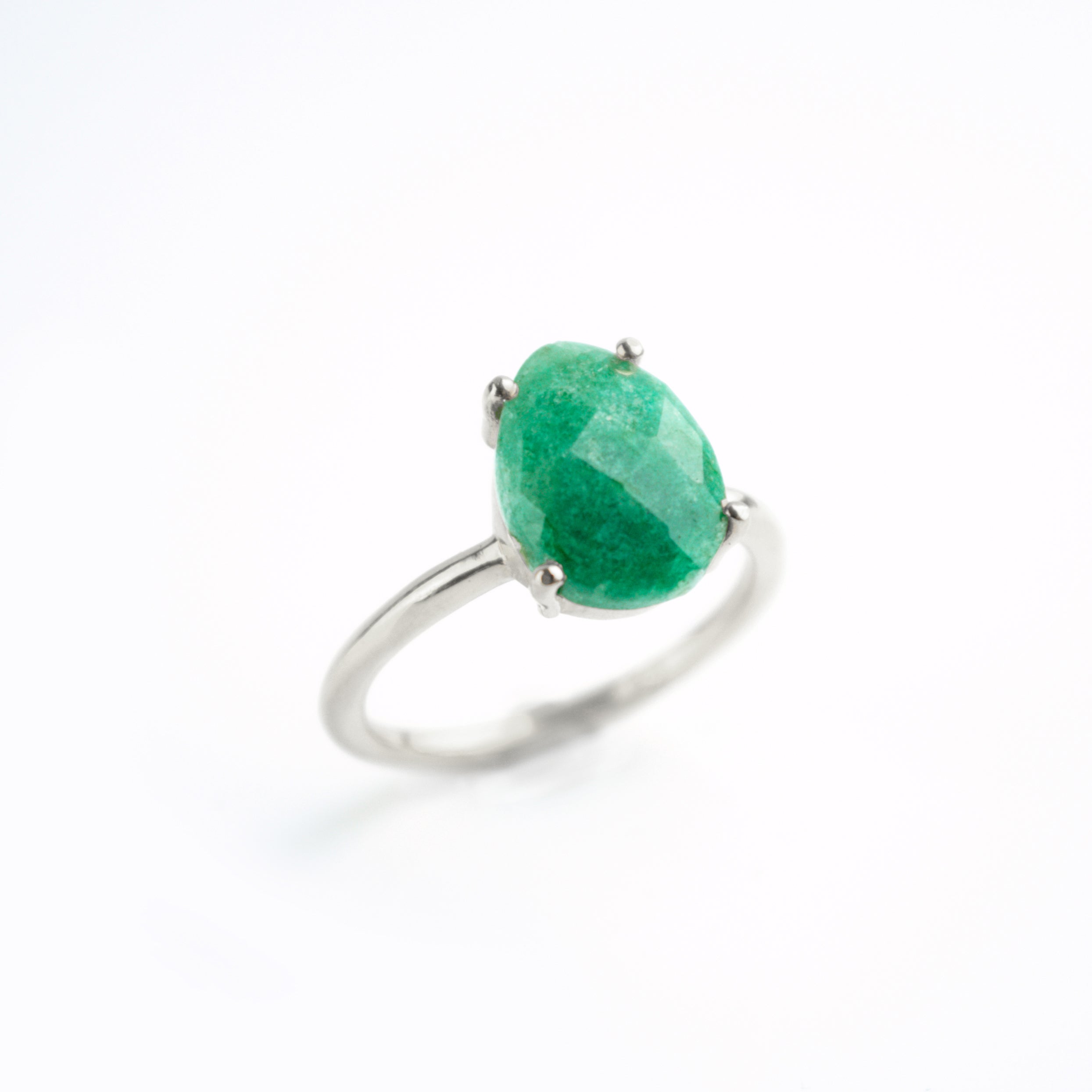 Delicate daily ring, emerald wedding ring, solid silver, top tear drop shaped, May birthstone