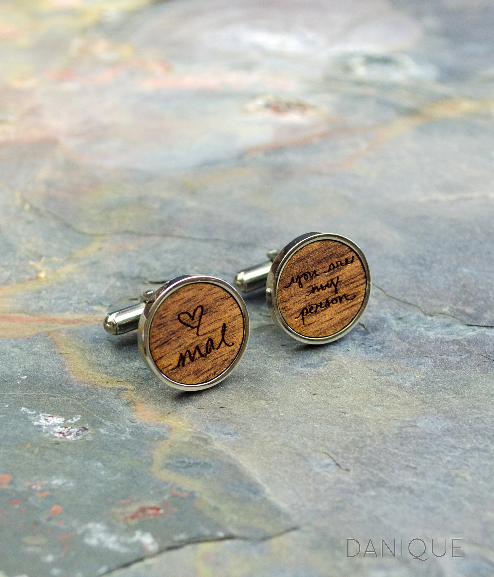 Afromosia real wood with silver base style cufflinks engraved with two different messages, handwriting from photograph.