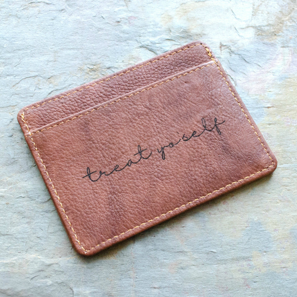 treat yourself engraved brown leather card holder