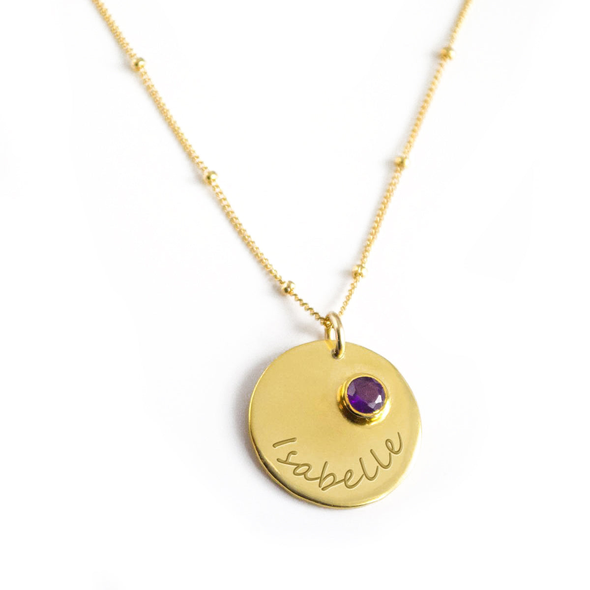 February Engraved Disk Pendant Necklace