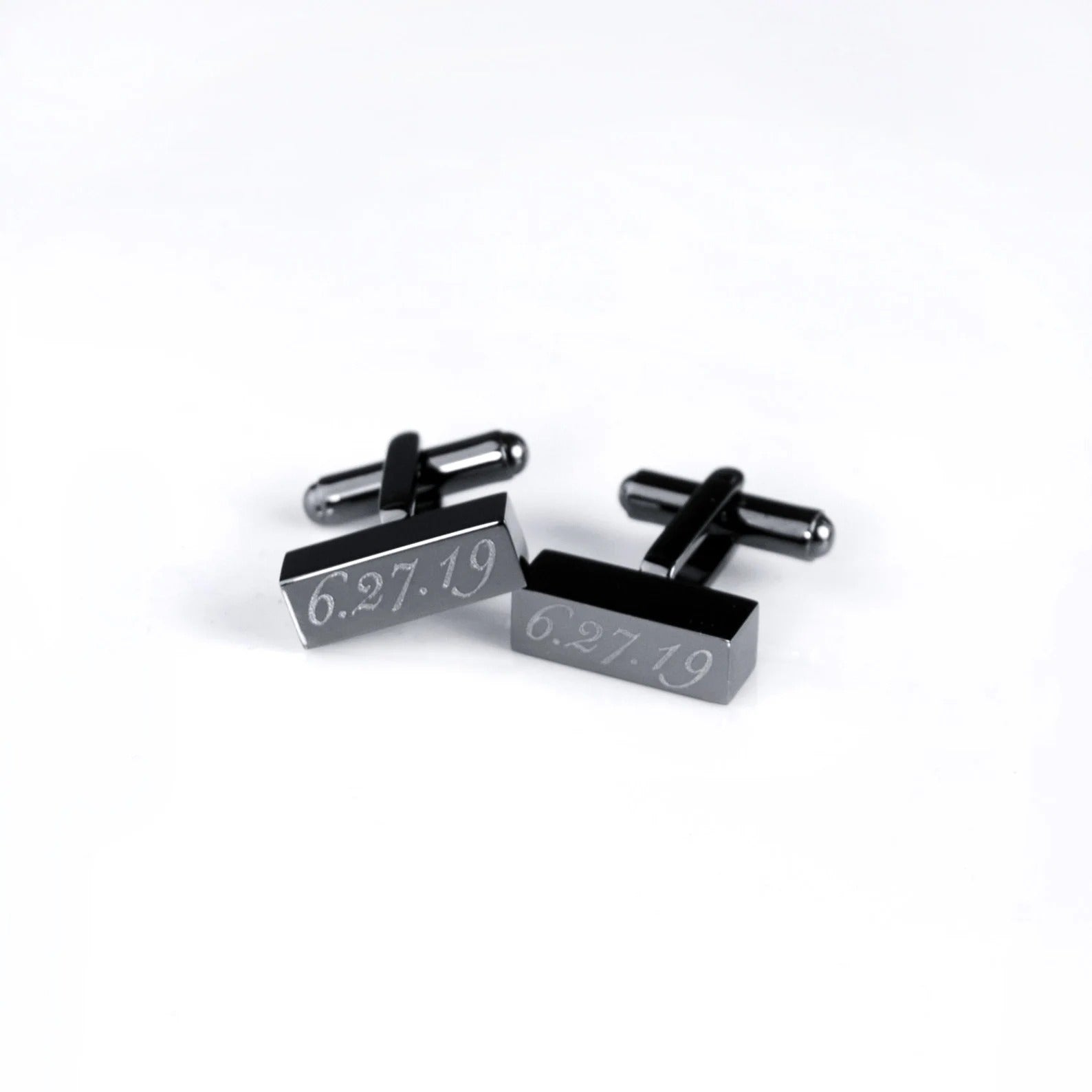 gunmetal cufflinks, engraved with date, script font