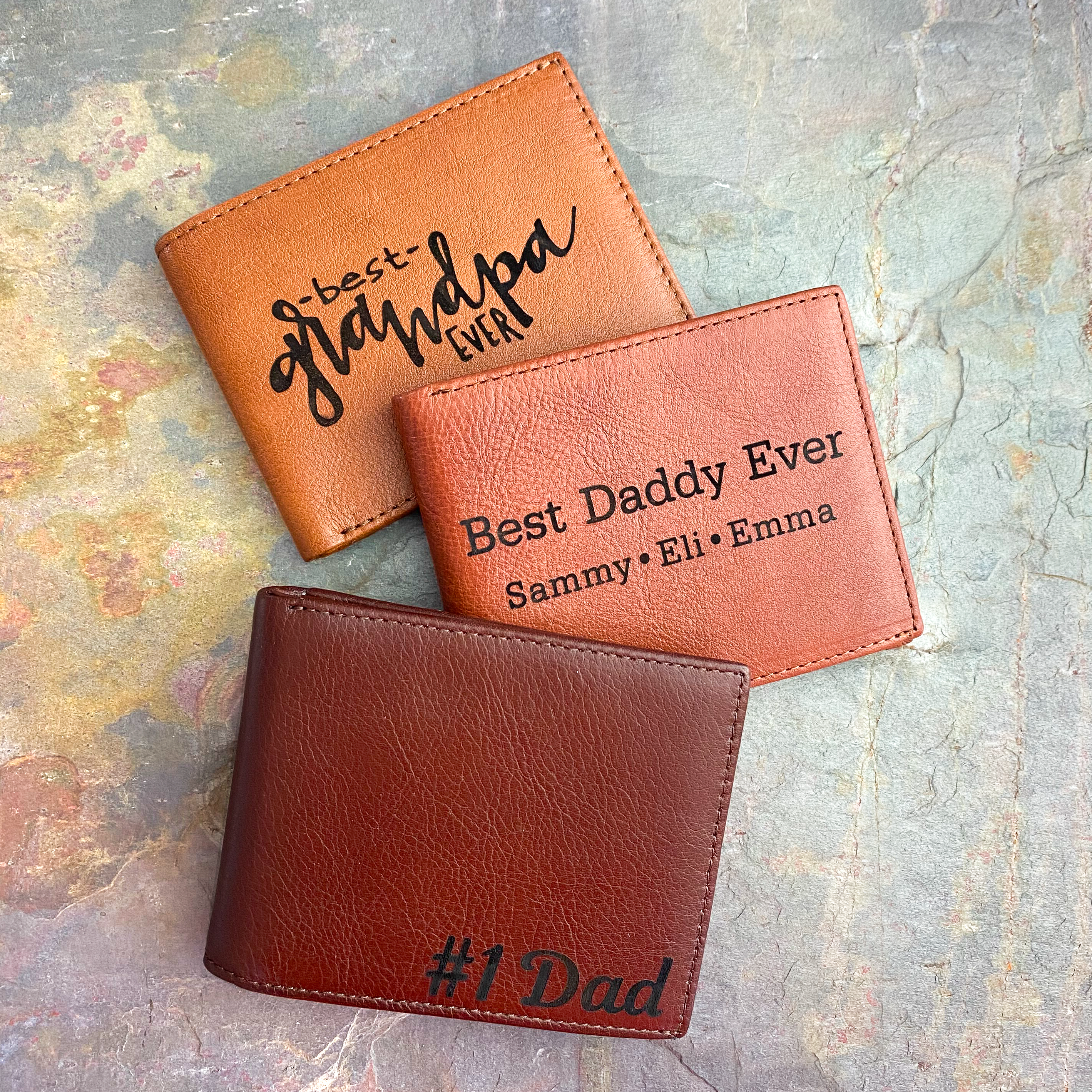 Honey, Cinnamon and Espresso wallets customized for dad or grandpa. Great for father's day!