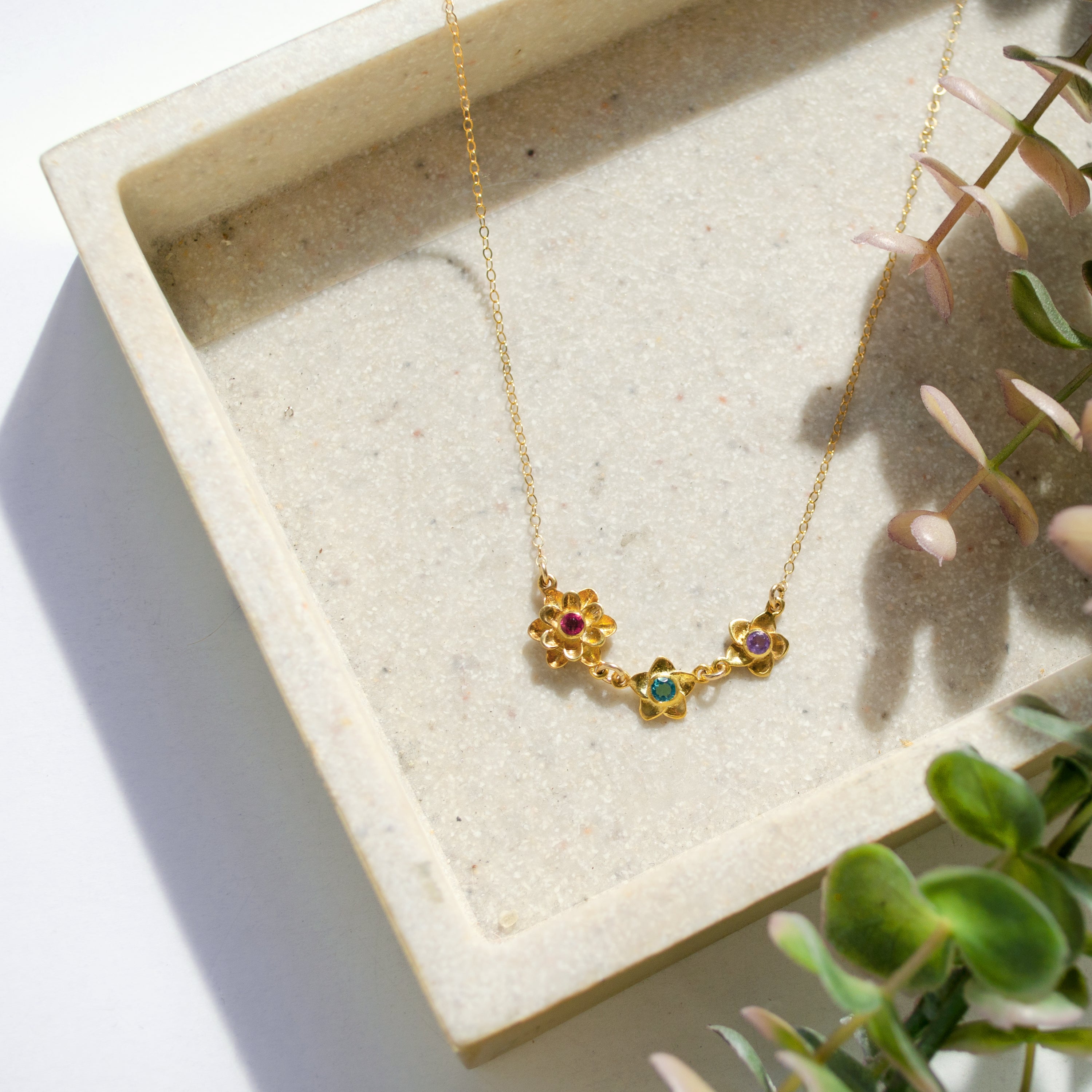 Bloom Birthstone Mom Necklace, Birthstone Flower Connector Pendants