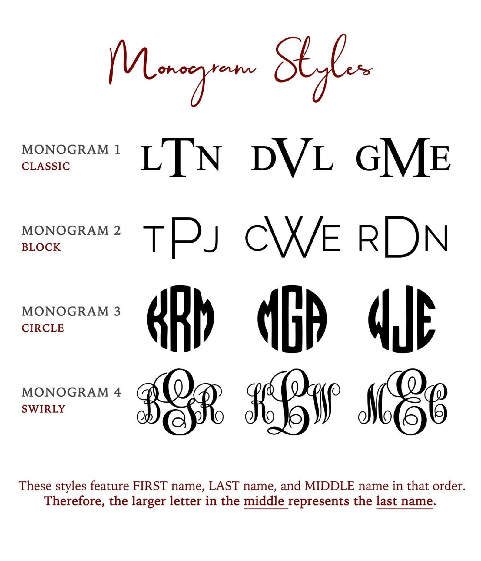 Four monogram options available, classic, block, circle and swirly. These styles feature first name, last name and middle in that order. 