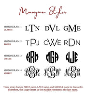 Four monogram options available, classic, block, circle and swirly. These styles feature first name, last name and middle in that order. 