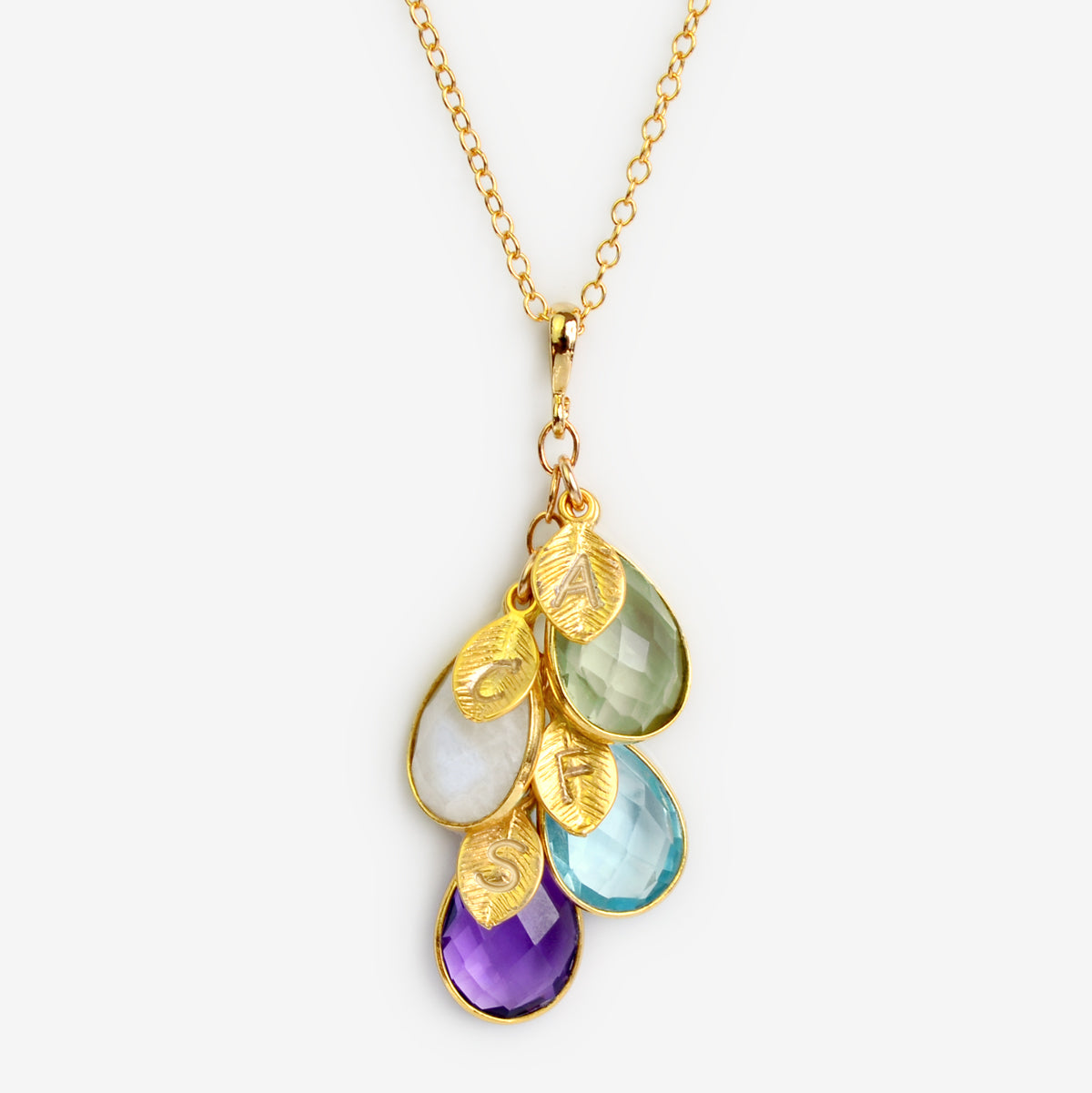 4 stone cascade necklace gold leaf charms green amethyst rainbow moonstone blue topaz purple amethyst cable chain