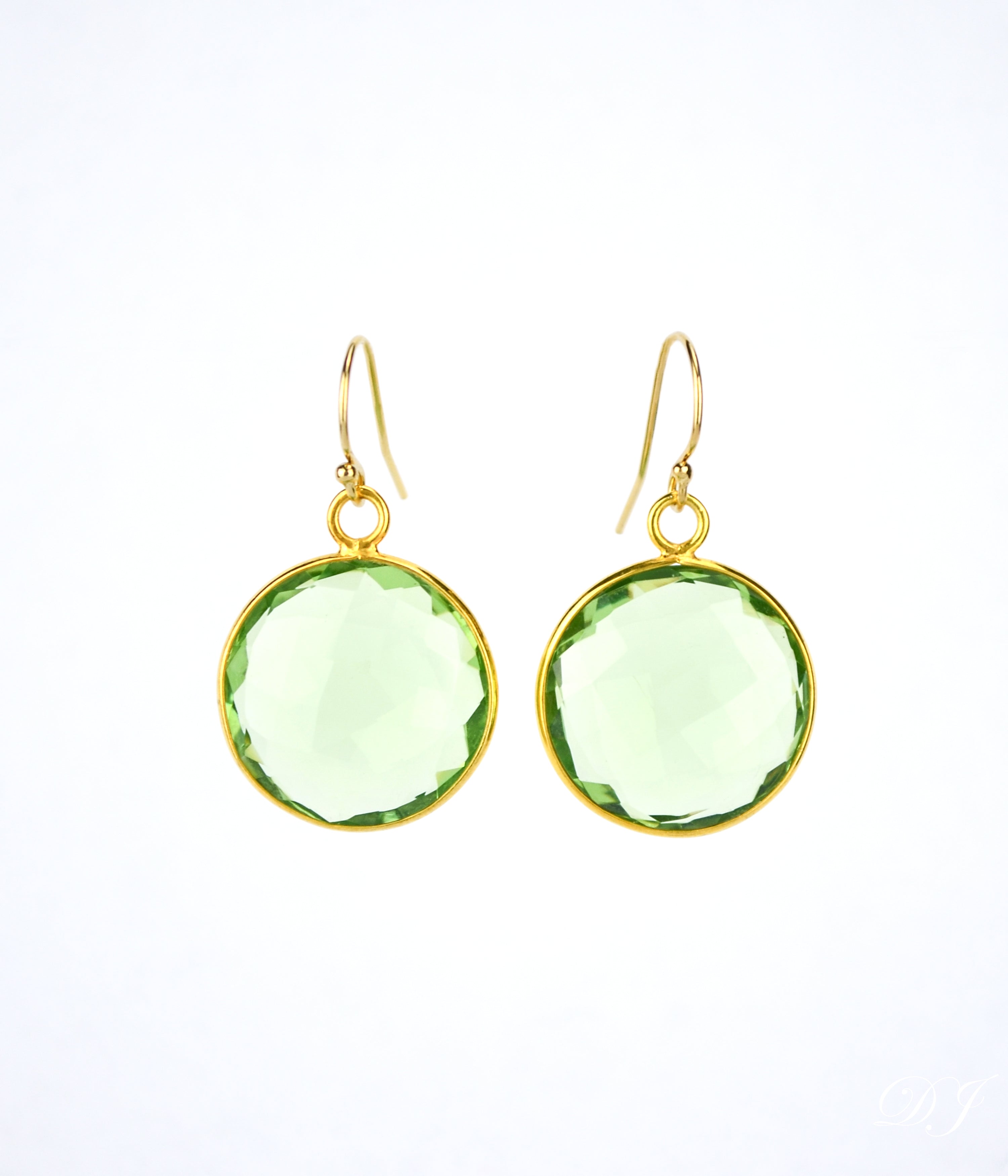 Green Amethyst large round Vermeil Gold or Sterling Silver bezel set Earrings - February Birthstone