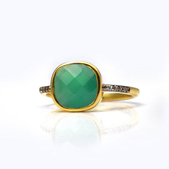 Green Onyx Pave Cushion Ring - May Birthstone - Danique Jewelry