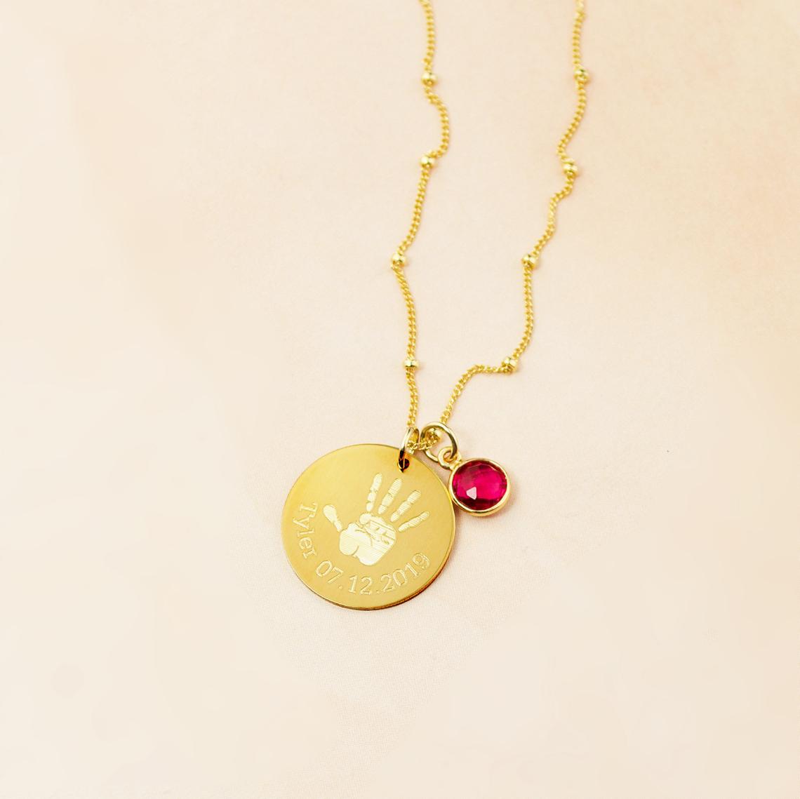 Gold filled satellite chain with matching disc and birthstone. Disc has single handprint engraved with name and date along with optional birthstone. 