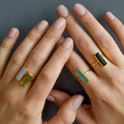 Adira Collection Vertical Rectangle Bar Rings Opalite Peridot Aqua Chalcedony Black Onyx Gemstones Yellow Gold Metal