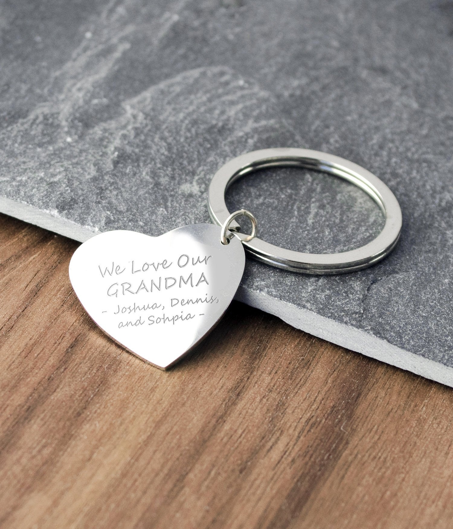 Heart shaped keychain keyring with special message for Grandma from the grandchildren. Add phrase, quote or names using one of our font options. 