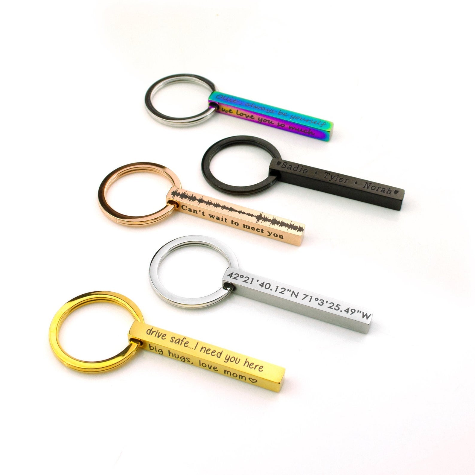 Personalized 3D Bar Keychain Engraved Text 4 Sided Bar Keychain Stainless Steel 5 Color Options Gold Silver Rose Gold Black Rainbow Tone