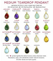 a list of possible gemstones shows the options for this birthstone necklace. Natural quartz gemstones and other natural stones are available. Birthstones are available for every month