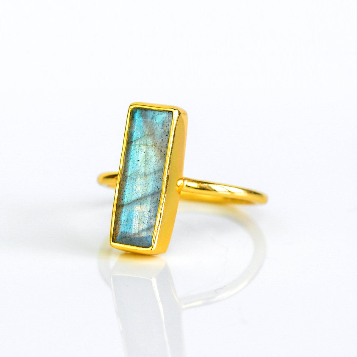 Natural Labradorite Gemstone Bar Ring, Unique Geometric Ring