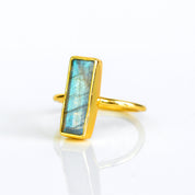 Natural Labradorite Gemstone Bar Ring, Unique Geometric Ring