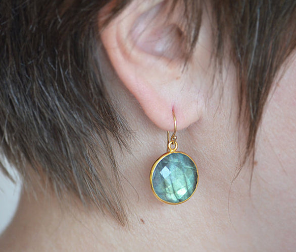 Labradorite large round Vermeil Gold or Sterling Silver bezel set Earrings