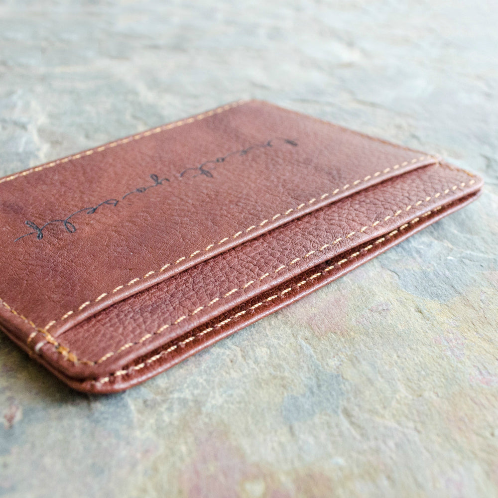 three pocket design brown leather card holder to personalize with engraving