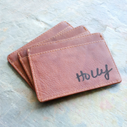 Customized brown genuine leather three pocket card holder with name and personal handwriting