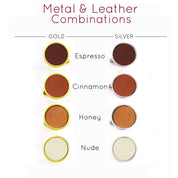 We use genuine full-grain leather to engrave and set into the metal cufflink bases. Choose from a selection of leather colors as well as silver (rhodium) or gold (brass) base for the perfect coloring.   