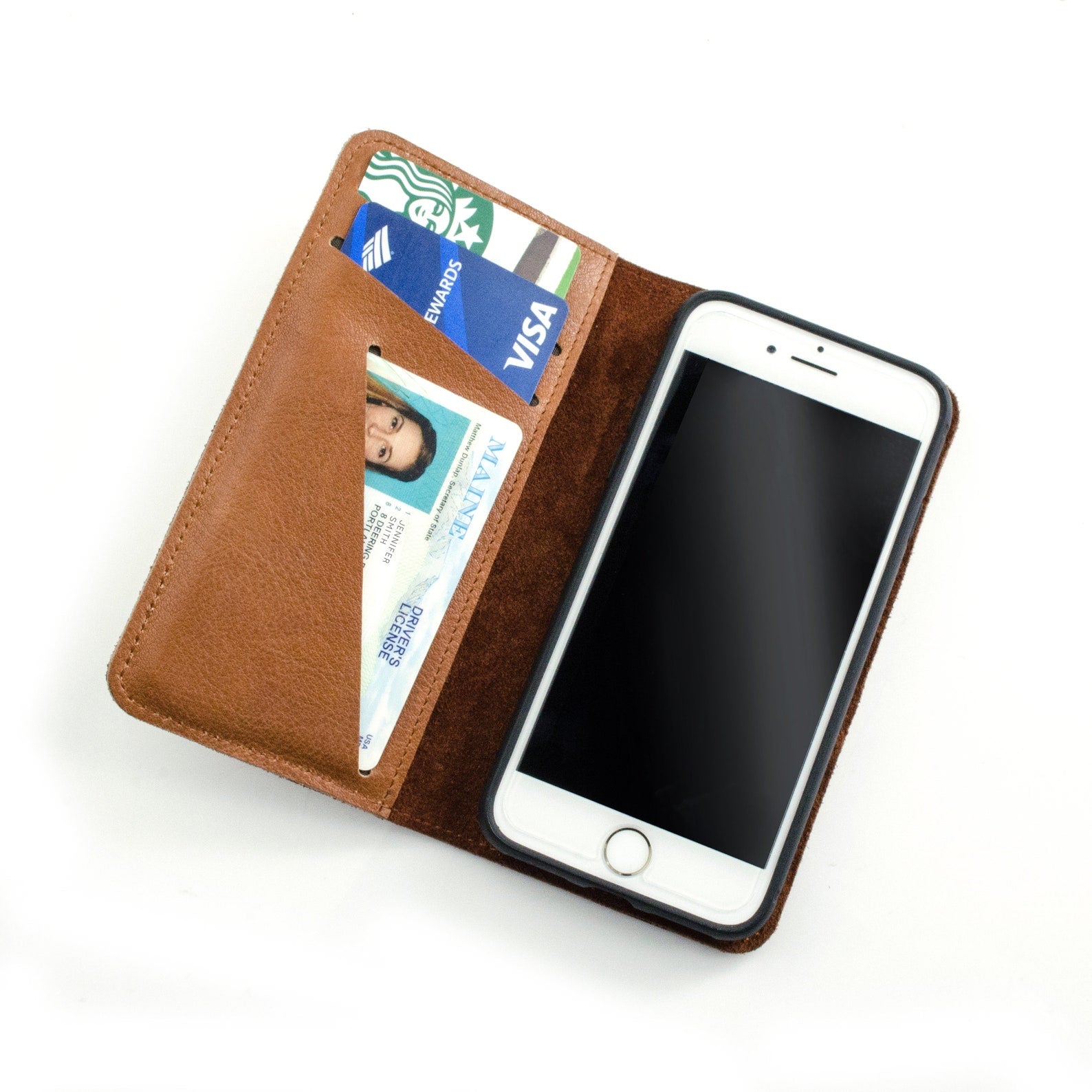 Magnetic phone case with pockets for IDs and credit cards, inside. made out of genuine leather.