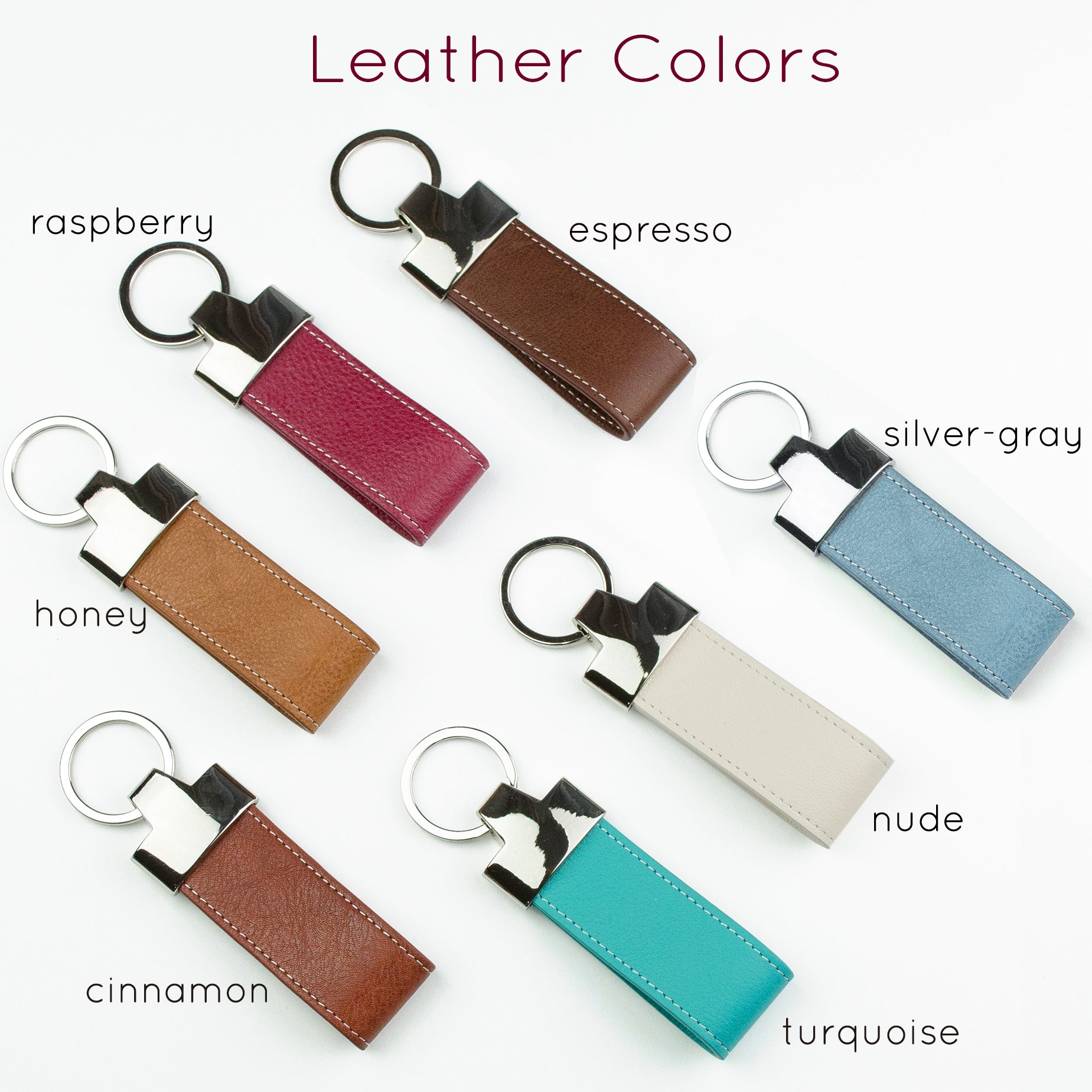 Leather Color Options include: Espresso - a dark brown, Raspberry - a dark pink/magenta, Honey - a light yellow brown, Cinnamon - a red brown, Turquoise - a teal blue green, Nude - a warm off-white, and Silver Gray - a gray blue