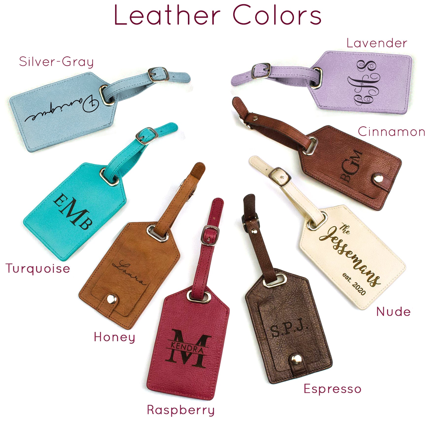 Luggage tag colors are silver gray, turquoise, honey, raspberry, espresso, nude, cinnamon and lavender. Customize each tag to your specifications, customized luggage tag. Personalized bag tags for travel, travel gift ideas personalized, customized travel gift ideas for couple, for best friend, for husband