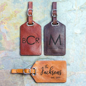 Cinnamon, espresso and honey luggage tag examples of different monograms we offer. 