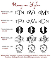 monogram styles monogram 1 classic monogram 2 block monogram 3 circle monogram 4 swirly monogram 5 wreath