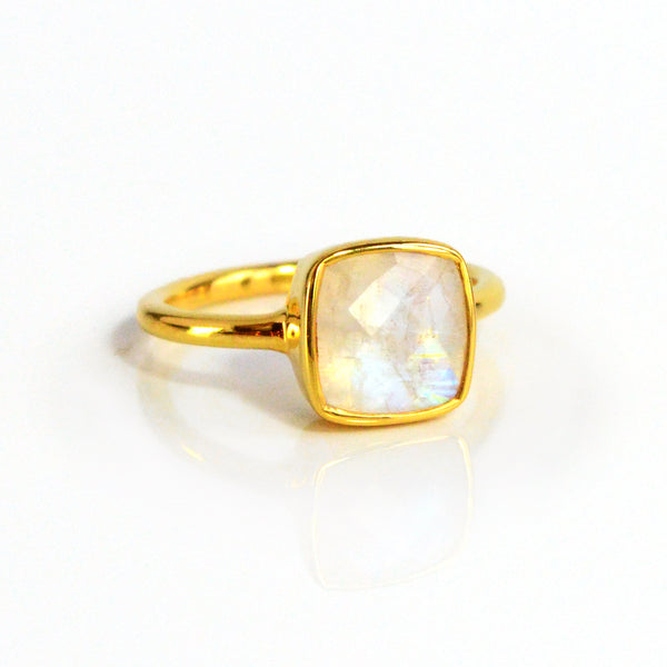 Moonstone cushion bezel set ring : June Birthstone