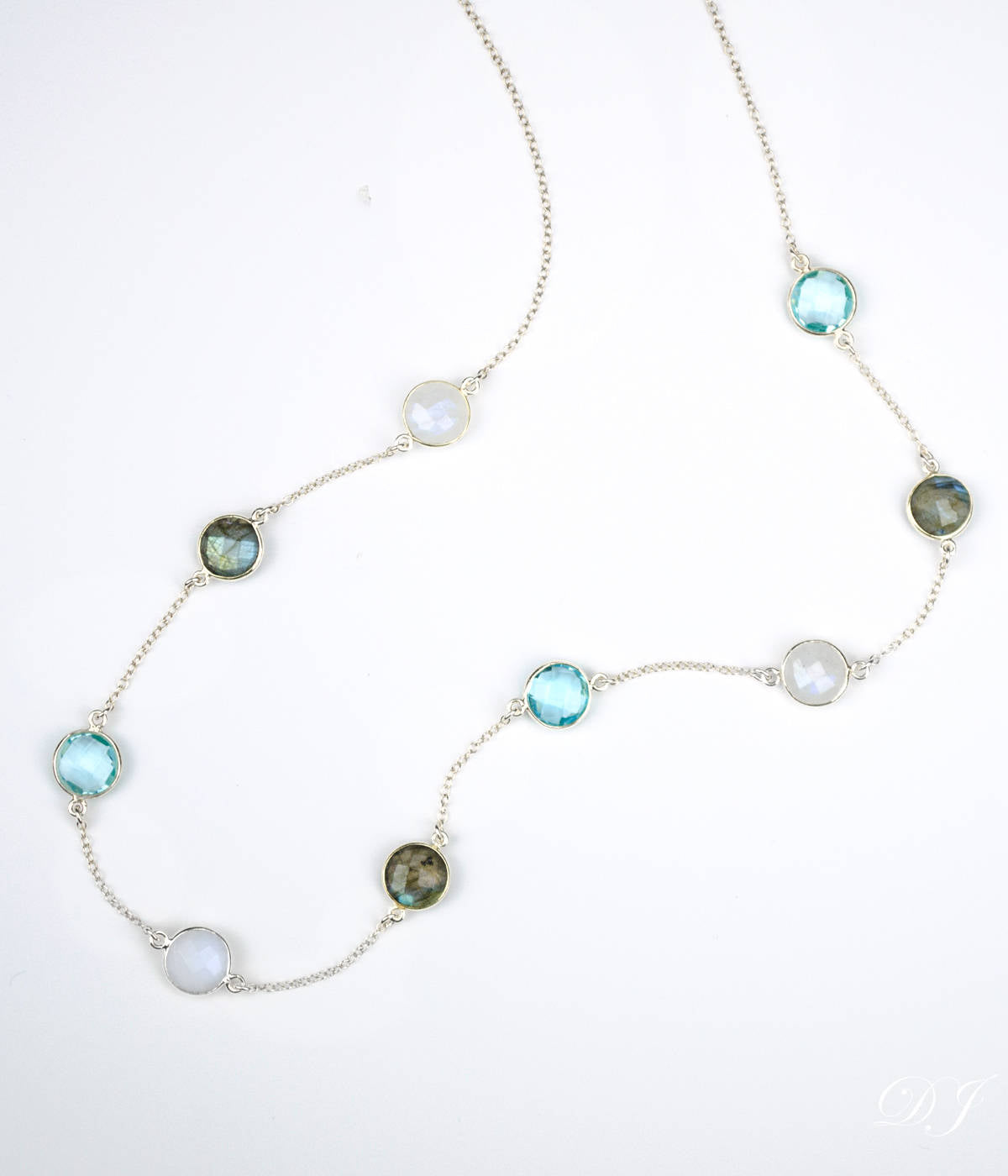 Long Labradorite, Moonstone, Blue Topaz bezel station necklace