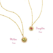 Personalized Mother Daughter Sun Burst Necklace Set, Birthstone Sunshine Pendant, Celestial Birth Necklace