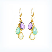 Mother's Cascade Birthstone Earrings Yellow Gold Gemstone Earrings Purple Amethyst Aqua Chalcedony Opalite Gemstones