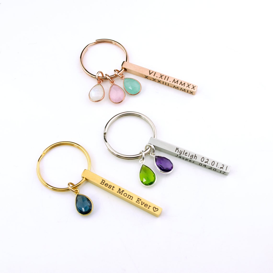 Custom 3D Bar Keychain with Birthstone Charms 4 Side Engraving 3 Color Options Rose Gold Tone Stainless Steel Yellow Gold Tone