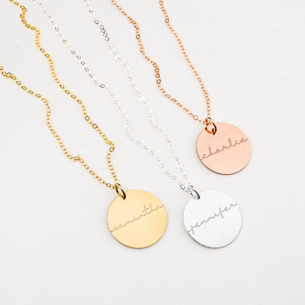 Name Disc Necklace, Custom top Date Engraved Coin Charm, Monogram Letter Necklace, Thin Chain, Personalized Jewelry Gift